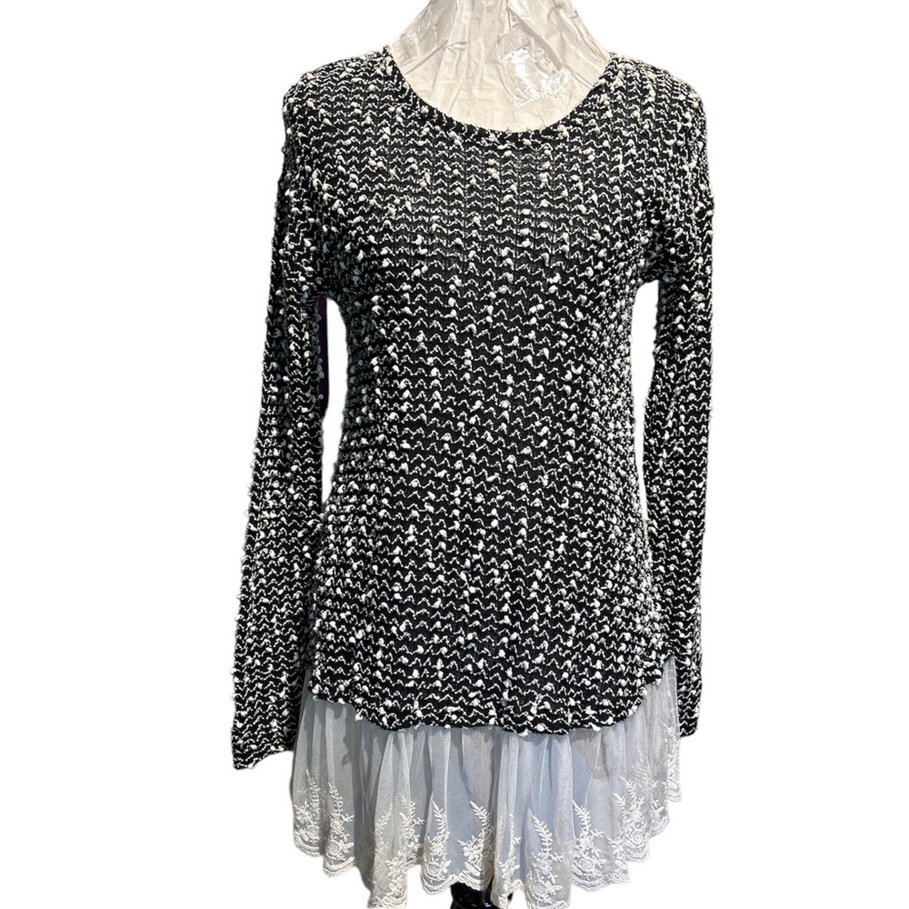 A’reve black white nubby textured fabric lace details long sleeves size …